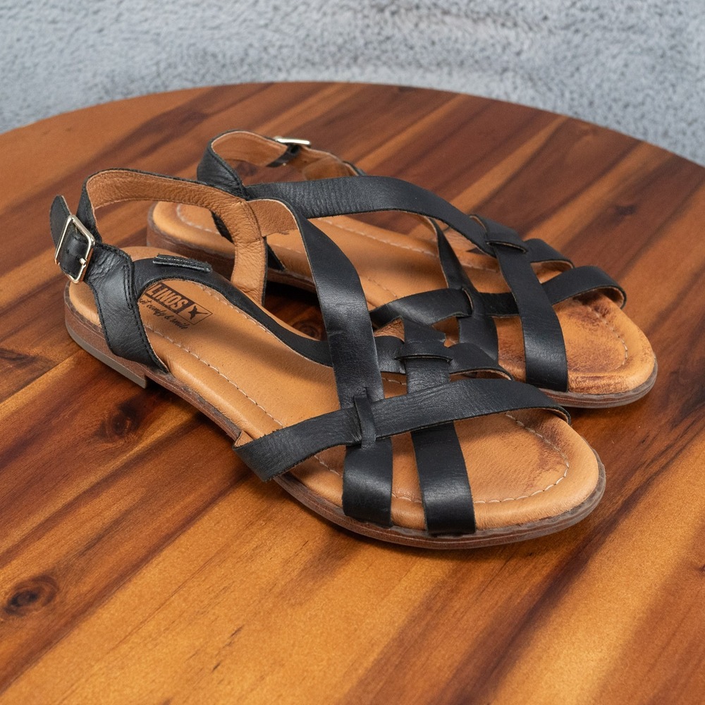 Pikolinos Algar Flats Leather Strap Sandals US Size 7.5 /38 Black Cross Strap